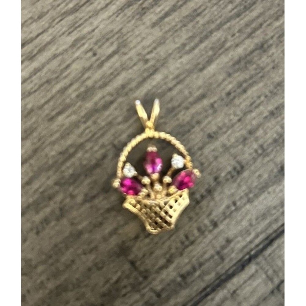 Vintage Signed Gold Over Sterling Silver, Ruby , CZ Floral Basket Pendant
